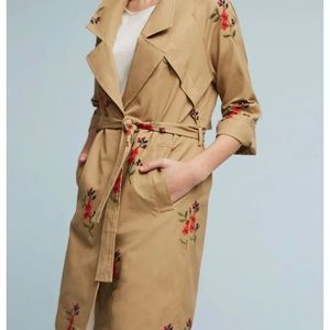 ANTHROPOLOGIE CARTONNIER EMBROIDERED FLORAL TRENCH JACKET HONEY